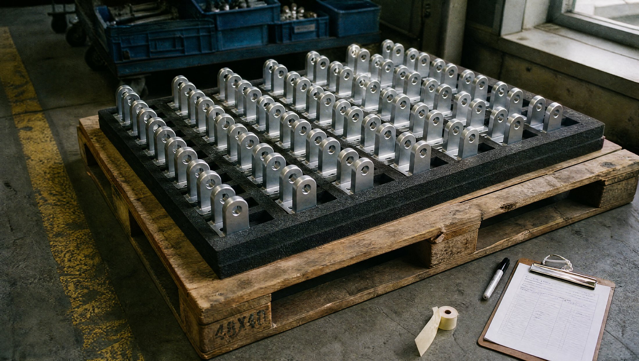 Finished machined clevis brackets nested in foam