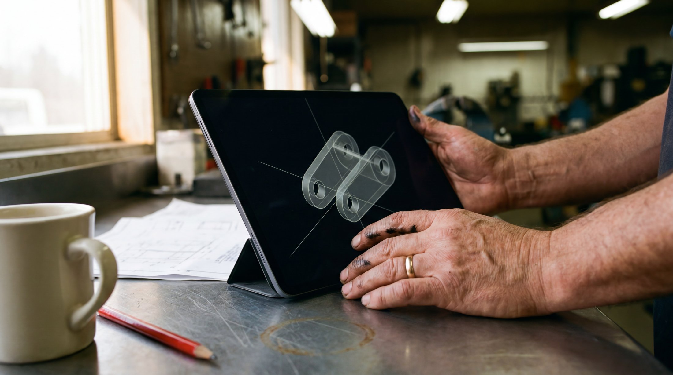 STEP file wireframe on a tablet at the bench
